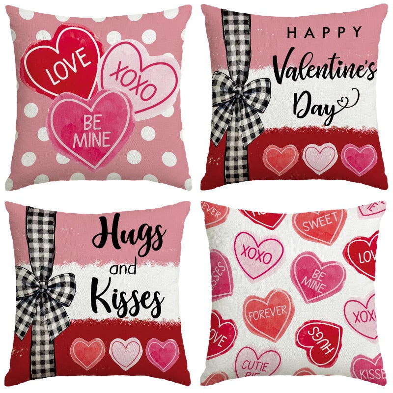 YOSICHY Valentines Day Decorations-Valentine Pillow Covers 18x18 Set of 4, Pink Red Hearts Be Mine Happy Valentine's Day Throw Outdoor Pillow Covers Anniversary Wedding Cushion Case for Home Sofa Couch Décor - Image 1