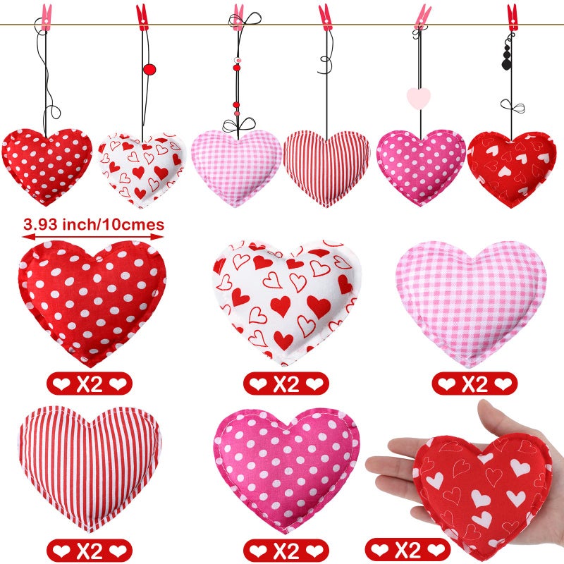 Tatuo 12 Pieces Valentine's Day Hanging Fabric Heart Shaped Ornaments Fabric Valentine's Day Ornaments for Tree Buffalo Check Heart Decorations Wedding Party DIY Crafts 4 Inch (Lovely Style ) - Image 2