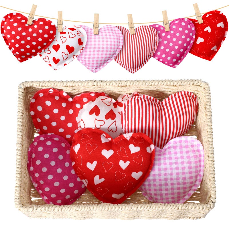 Tatuo 12 Pieces Valentine's Day Hanging Fabric Heart Shaped Ornaments Fabric Valentine's Day Ornaments for Tree Buffalo Check Heart Decorations Wedding Party DIY Crafts 4 Inch (Lovely Style ) - Image 1
