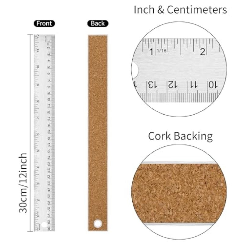 Metal Ruler With Cork Backing 12 Inch Stainless Steel - Non Slip Cork Back Ruler For Precision Drawing - Imperial Metric Ruler For School Office Engineering - Image 2