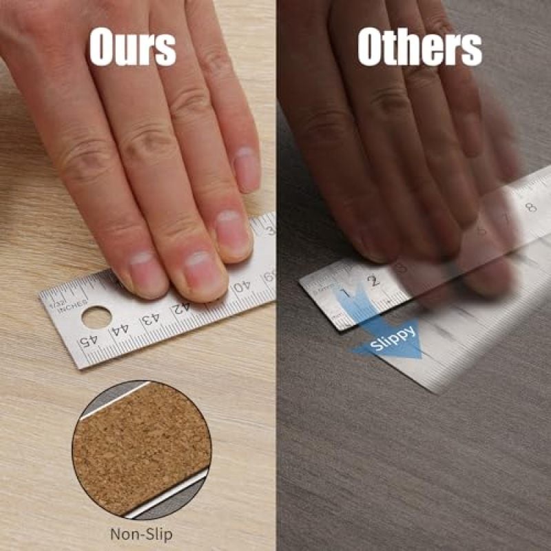 Metal Ruler With Cork Backing 12 Inch Stainless Steel - Non Slip Cork Back Ruler For Precision Drawing - Imperial Metric Ruler For School Office Engineering - Image 3