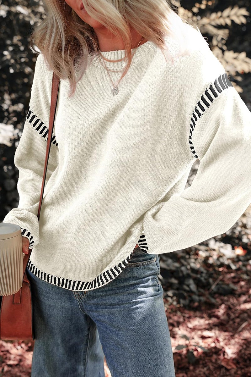 Dokotoo School Outfits for Teachers Winter Clothing for Women Solid Crewneck Long Sleeve Contrast Stitching Chunky Knit Jumper Tops Soft Comfy Relaxed Sweaters for Women Fall Clothes Outfits White 2XL - Image 3