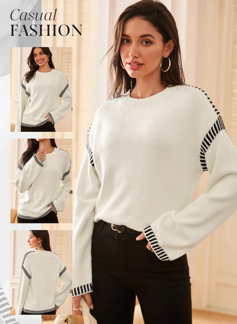 Dokotoo School Outfits for Teachers Winter Clothing for Women Solid Crewneck Long Sleeve Contrast Stitching Chunky Knit Jumper Tops Soft Comfy Relaxed Sweaters for Women Fall Clothes Outfits White 2XL - Image 5