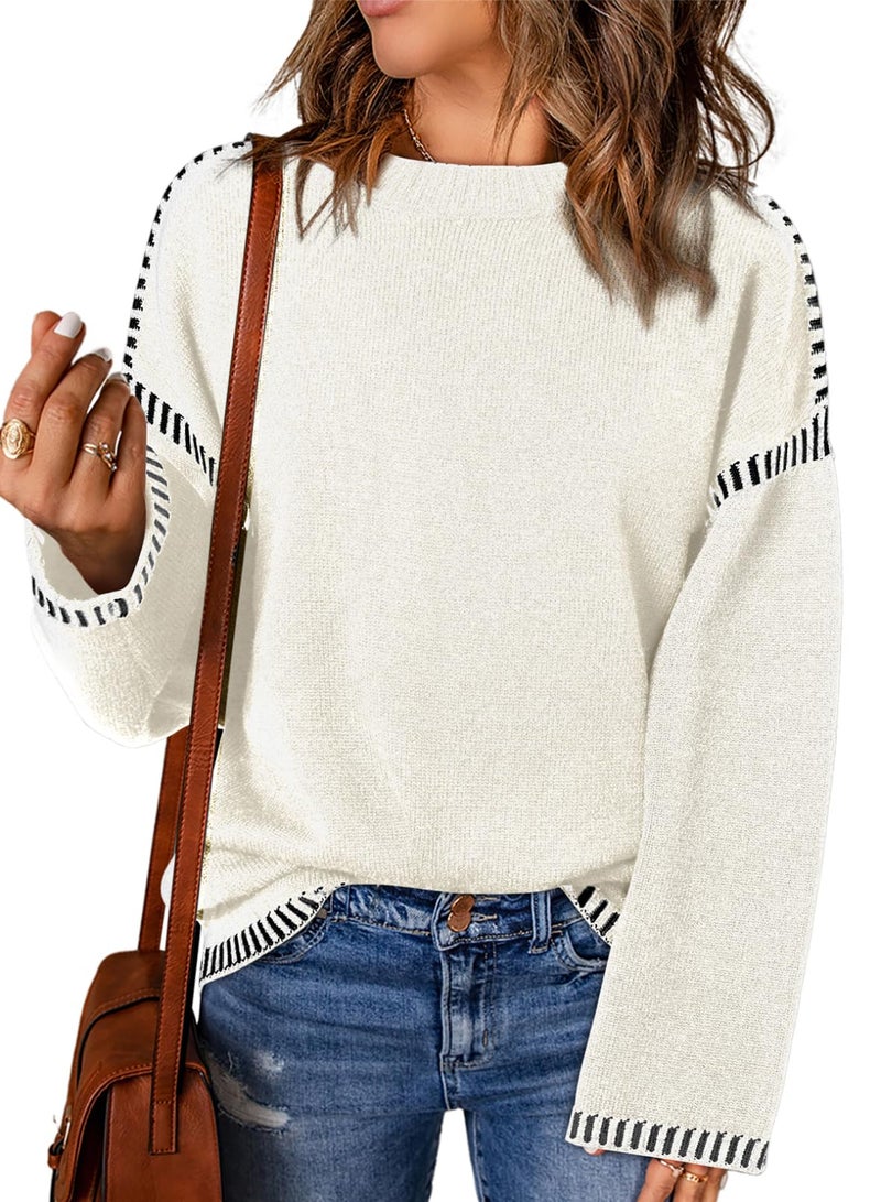 Dokotoo School Outfits for Teachers Winter Clothing for Women Solid Crewneck Long Sleeve Contrast Stitching Chunky Knit Jumper Tops Soft Comfy Relaxed Sweaters for Women Fall Clothes Outfits White 2XL - Image 1
