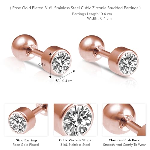 Peora Rose Gold Plated 316L Stainless Steel Cubic Zirconia Studded Stud Earrings Jewellery Gift for Men & Boys (1 Pair) - Image 5
