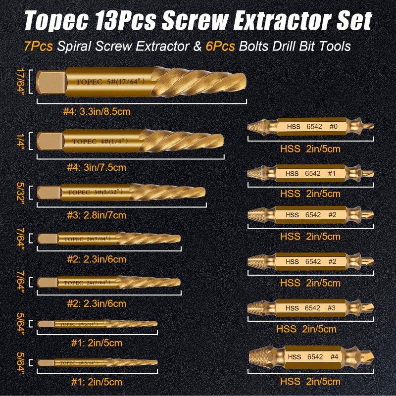 TOPEC Small Screw Extractor Set, 13 PCS Stripped Screw Removal Tool, HSS 6542 Easy Out Kit for Damaged, Broken Fasteners, Gifts for Men (Golden) - Image 2