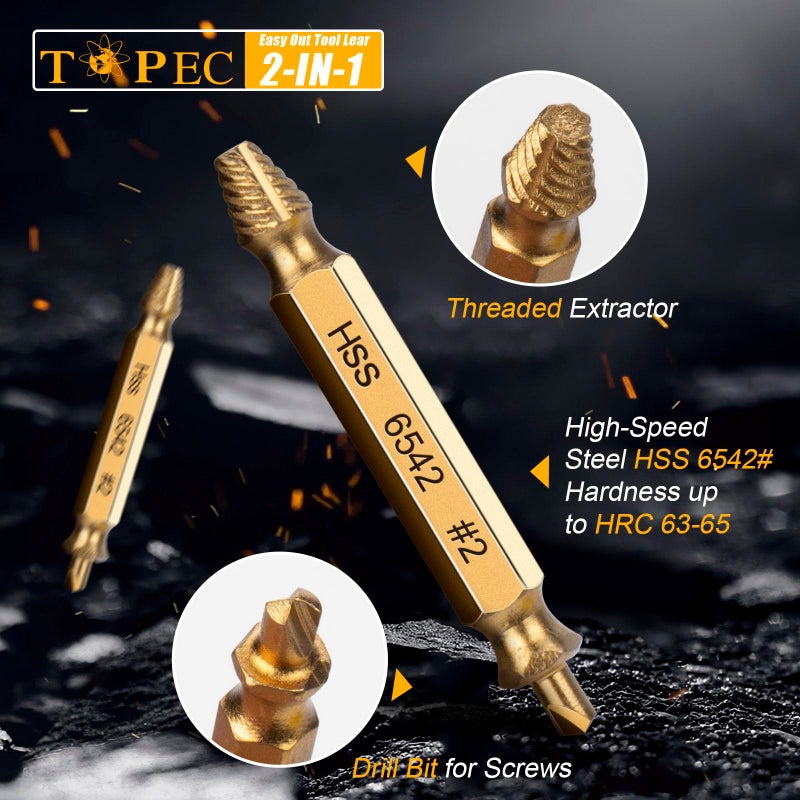 TOPEC Small Screw Extractor Set, 13 PCS Stripped Screw Removal Tool, HSS 6542 Easy Out Kit for Damaged, Broken Fasteners, Gifts for Men (Golden) - Image 4