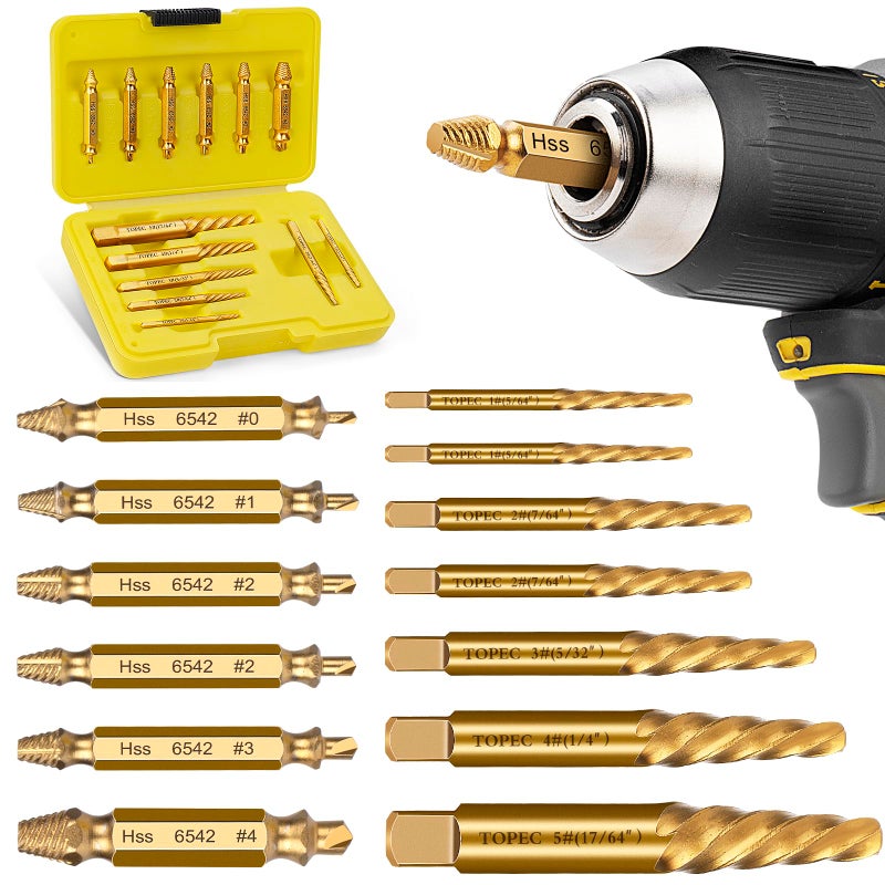 TOPEC Small Screw Extractor Set, 13 PCS Stripped Screw Removal Tool, HSS 6542 Easy Out Kit for Damaged, Broken Fasteners, Gifts for Men (Golden) - Image 1