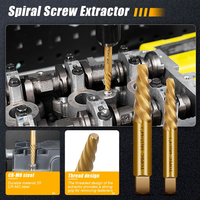 TOPEC Small Screw Extractor Set, 13 PCS Stripped Screw Removal Tool, HSS 6542 Easy Out Kit for Damaged, Broken Fasteners, Gifts for Men (Golden) - Image 5
