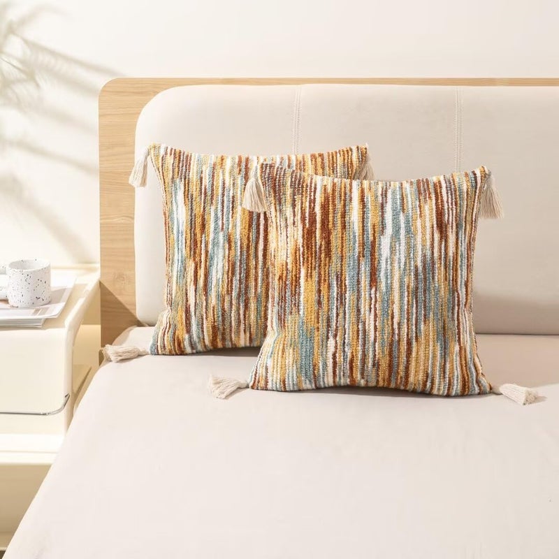 WANLIRD Boho Throw Pillow Covers 18x18 Set of 2 Woven Tufted Farmhouse Pillows Cover with Tassels Textured Striped Cushion Case Neutral Pillow Cases Decorative Pillowcase for Sofa Couch Bed,Rust - Image 5