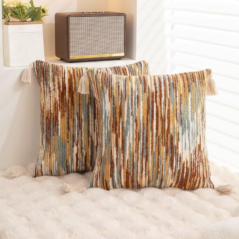 WANLIRD Boho Throw Pillow Covers 18x18 Set of 2 Woven Tufted Farmhouse Pillows Cover with Tassels Textured Striped Cushion Case Neutral Pillow Cases Decorative Pillowcase for Sofa Couch Bed,Rust - Image 4