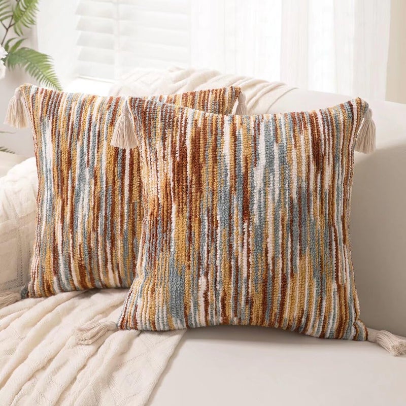 WANLIRD Boho Throw Pillow Covers 18x18 Set of 2 Woven Tufted Farmhouse Pillows Cover with Tassels Textured Striped Cushion Case Neutral Pillow Cases Decorative Pillowcase for Sofa Couch Bed,Rust - Image 1