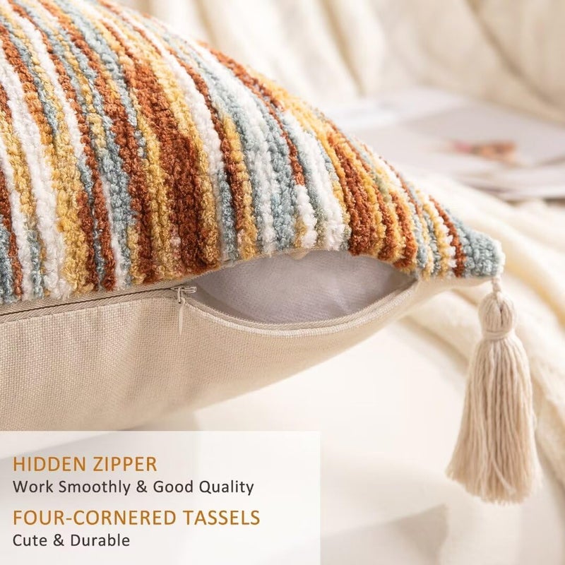 WANLIRD Boho Throw Pillow Covers 18x18 Set of 2 Woven Tufted Farmhouse Pillows Cover with Tassels Textured Striped Cushion Case Neutral Pillow Cases Decorative Pillowcase for Sofa Couch Bed,Rust - Image 3