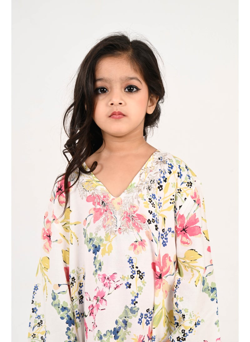 Linelle Kids Jalabiya – White Base with Pink and Blue Florals and Embroidered Neckline - Image 1
