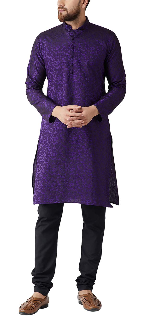 Sojanya (Since 1958 Men'S Purple Jackquard Silk Only Long Kurta, Size 40 - Image 1