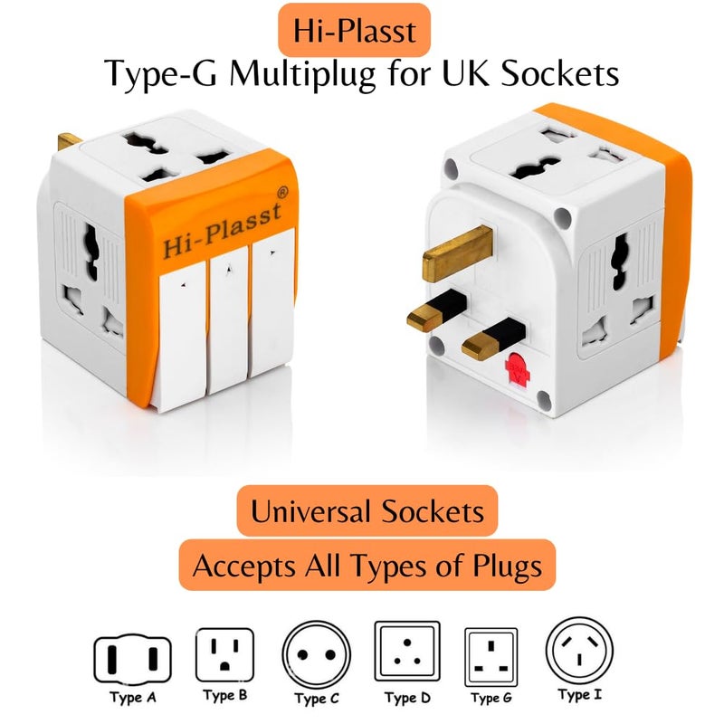 HI PLASST PINS N PLUGS HiPLASST UK Plug Multi Plug Adapter 13A Universal 3 Pin Multiplug Socket with Individual Switch TypeG Flat Pin Plug Converter for Travel to UK Hong Kong London Singapore Dubai Pack of 2 - Image 2