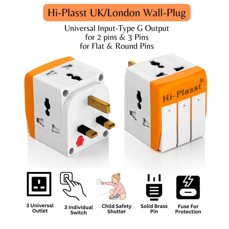 HI PLASST PINS N PLUGS HiPLASST UK Plug Multi Plug Adapter 13A Universal 3 Pin Multiplug Socket with Individual Switch TypeG Flat Pin Plug Converter for Travel to UK Hong Kong London Singapore Dubai Pack of 2 - Image 4