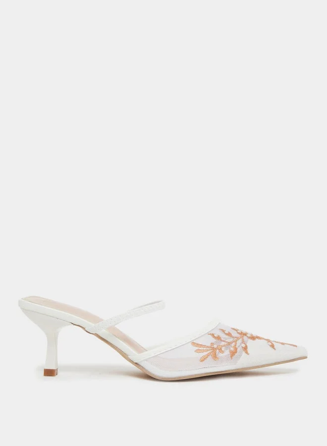 Styli Styli White Embroidered Pointed Toe Mules