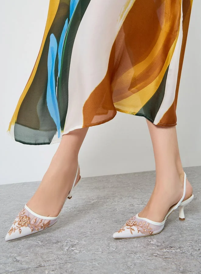 Styli Styli White Embroidered Pointed Toe Mules