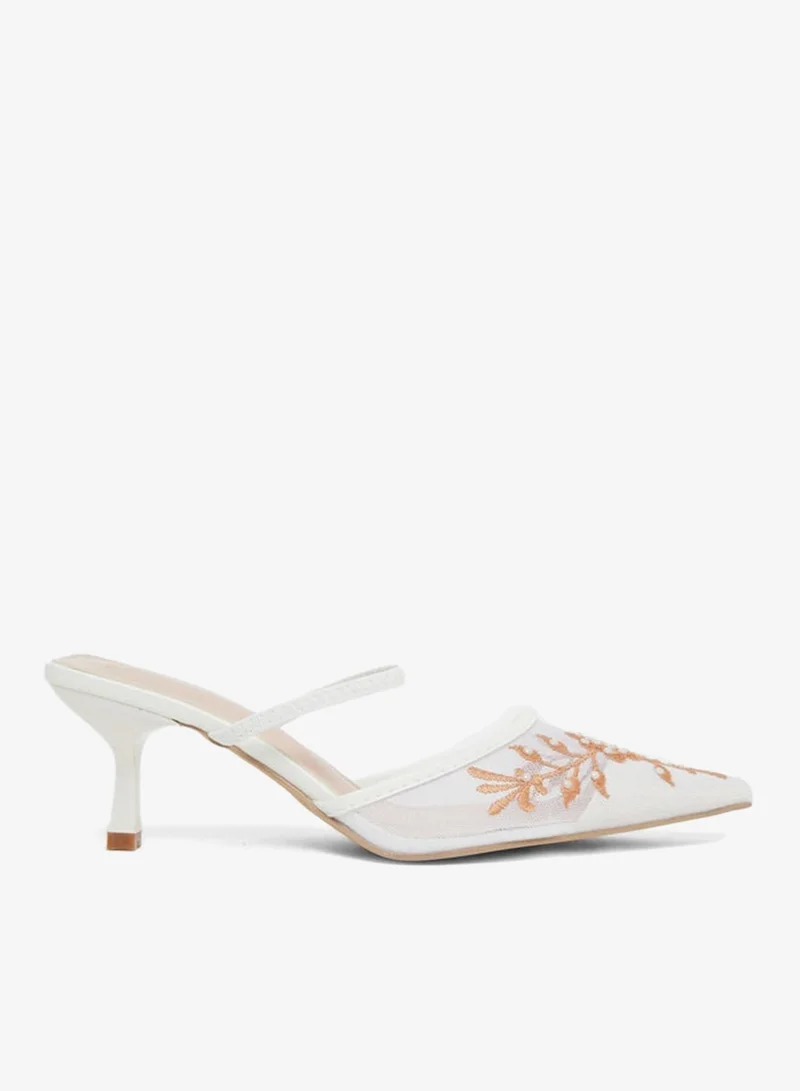 Styli White Embroidered Pointed Toe Mules