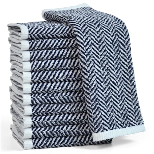 Cleanbear Wash Cloths for Showering with Striped Herringbone Patterns 12 Cotton Washcloths for Bathroom Large 13 X 13 Inches NavyBlue - Image 1