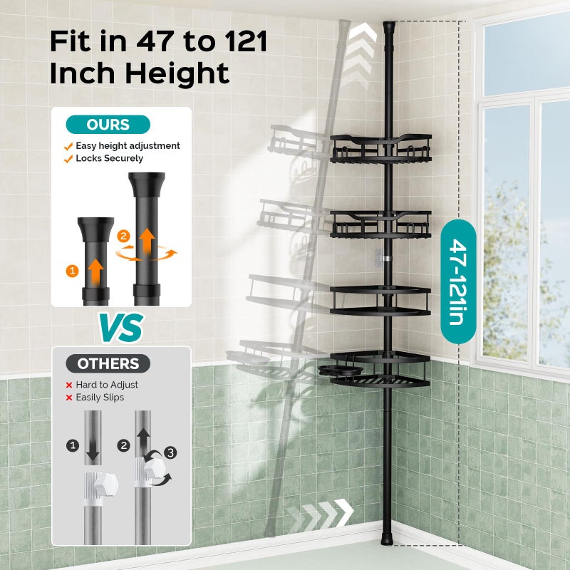 HAMITOR Corner Shower Caddy Tension Pole: Rustproof Stable 4-Tier Bathroom Organizer Shelves for Bathtub Shampoo Storage - 47-121 Inch Quick Install Adjustable Standing Rack with Soap Rack - Black - Image 4