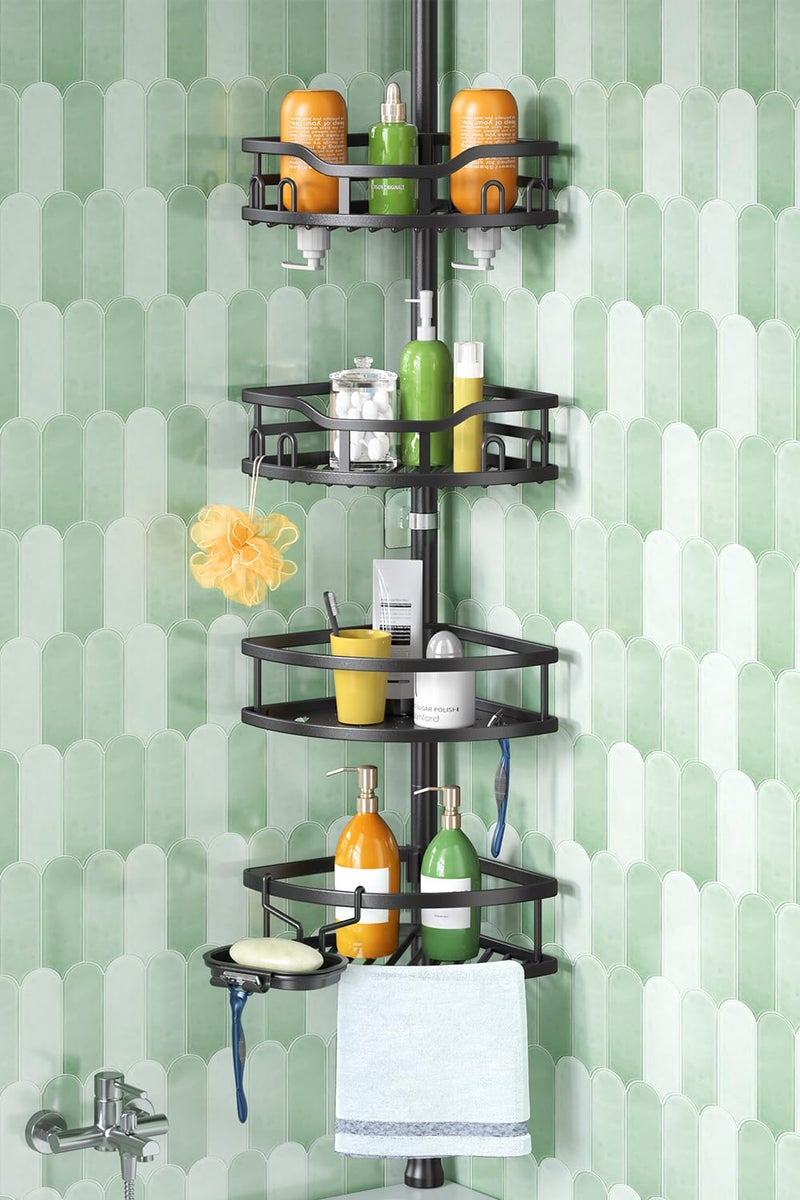 HAMITOR Corner Shower Caddy Tension Pole: Rustproof Stable 4-Tier Bathroom Organizer Shelves for Bathtub Shampoo Storage - 47-121 Inch Quick Install Adjustable Standing Rack with Soap Rack - Black - Image 1