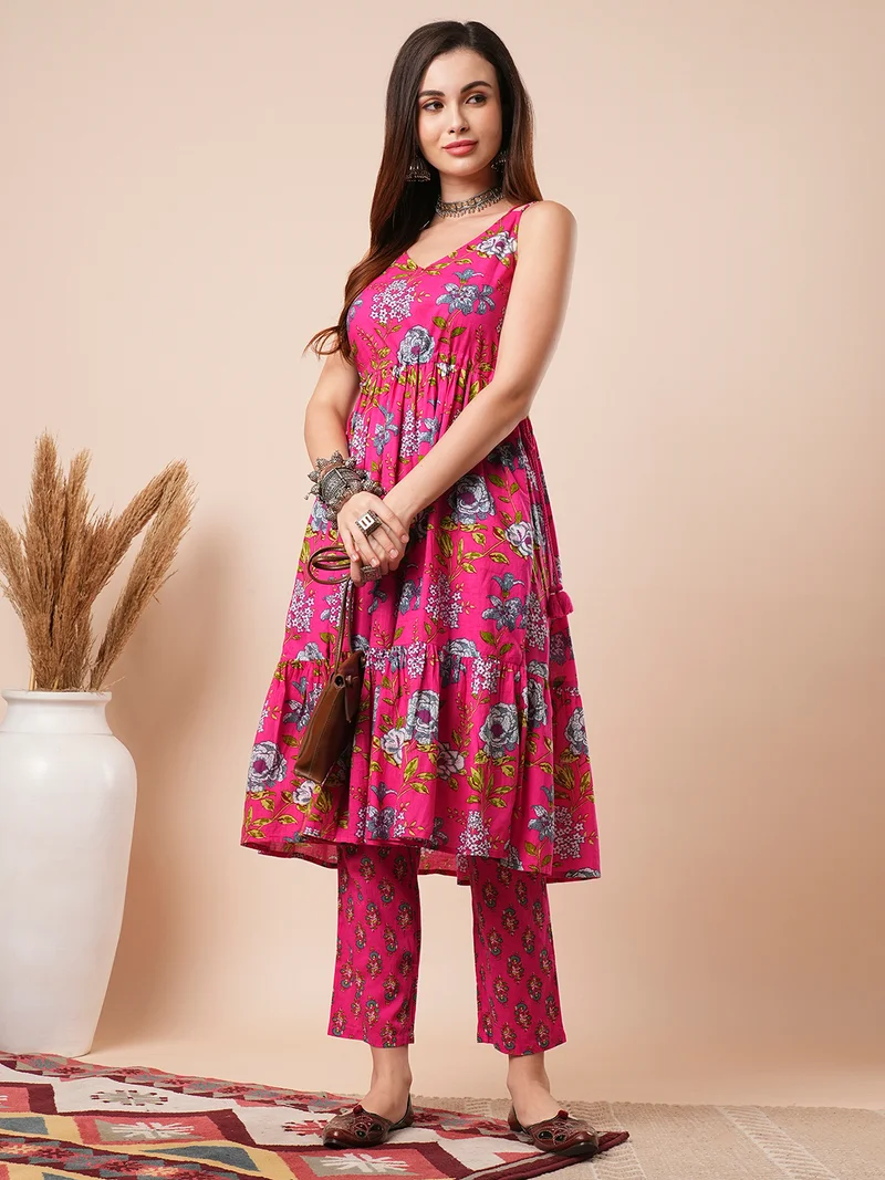 globus Women Floral Printed Sleeveless Tiered Pure Cotton Anarkali Kurta With Trousers
