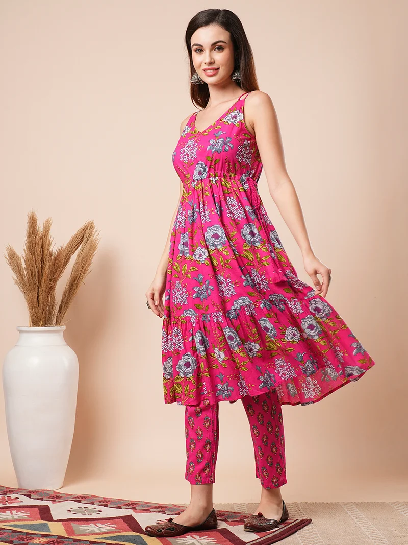 globus Women Floral Printed Sleeveless Tiered Pure Cotton Anarkali Kurta With Trousers