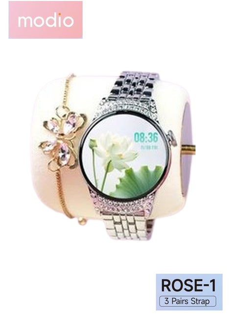 Modio Rose 1 Ladies Smart Watch With 3 Pair Straps Bracelete and Wireless Charger Silver