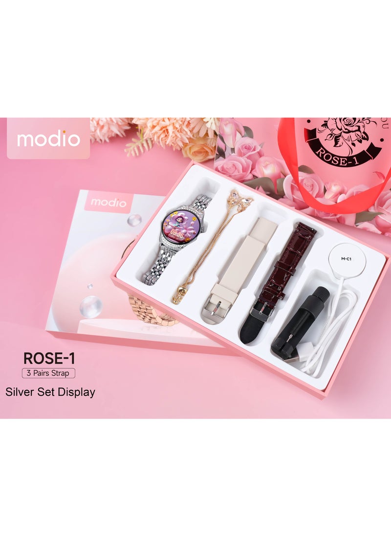 modio - Modio Rose 1 Ladies Smart Watch With 3 Pair Straps Bracelete and Wireless Charger Silver - Image 1