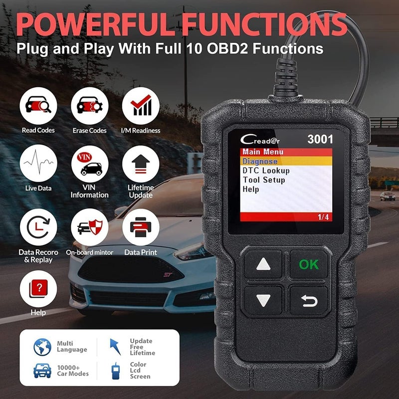 لانش ماسح ضوئي Creader 3001 OBD2 لتشخيص السيارات، فحص ضوء المحرك، أنظمة حساس الأكسجين، قارئ رموز OBD لجميع سيارات بروتوكول OBDII منذ عام 1996 - Image 2
