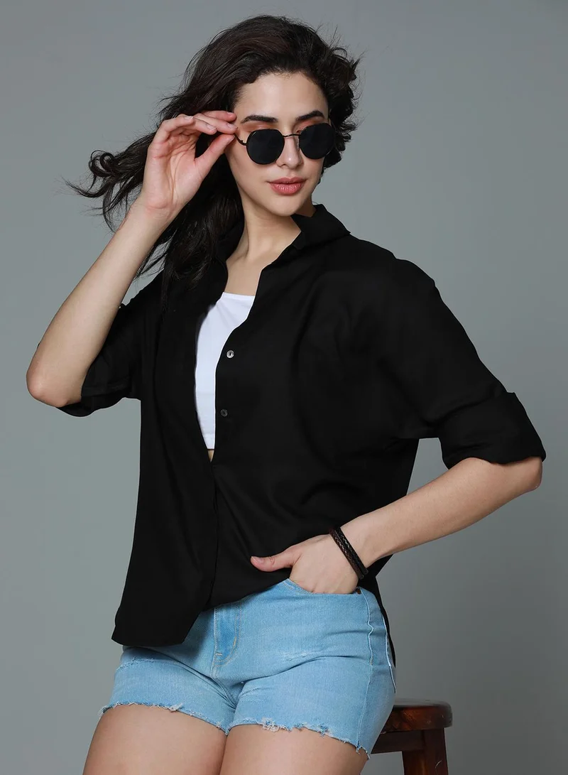 هاي ستار Women's Black Rayon Solid Pattern Button Down Relaxed Shirt