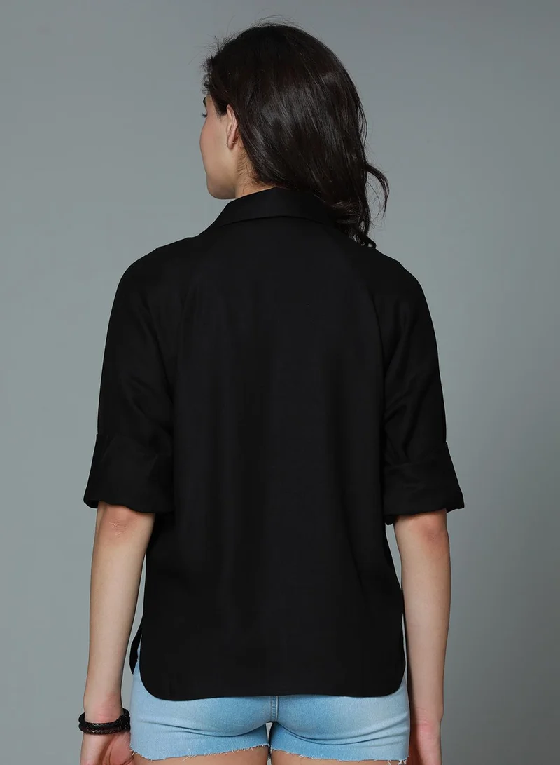 هاي ستار Women's Black Rayon Solid Pattern Button Down Relaxed Shirt