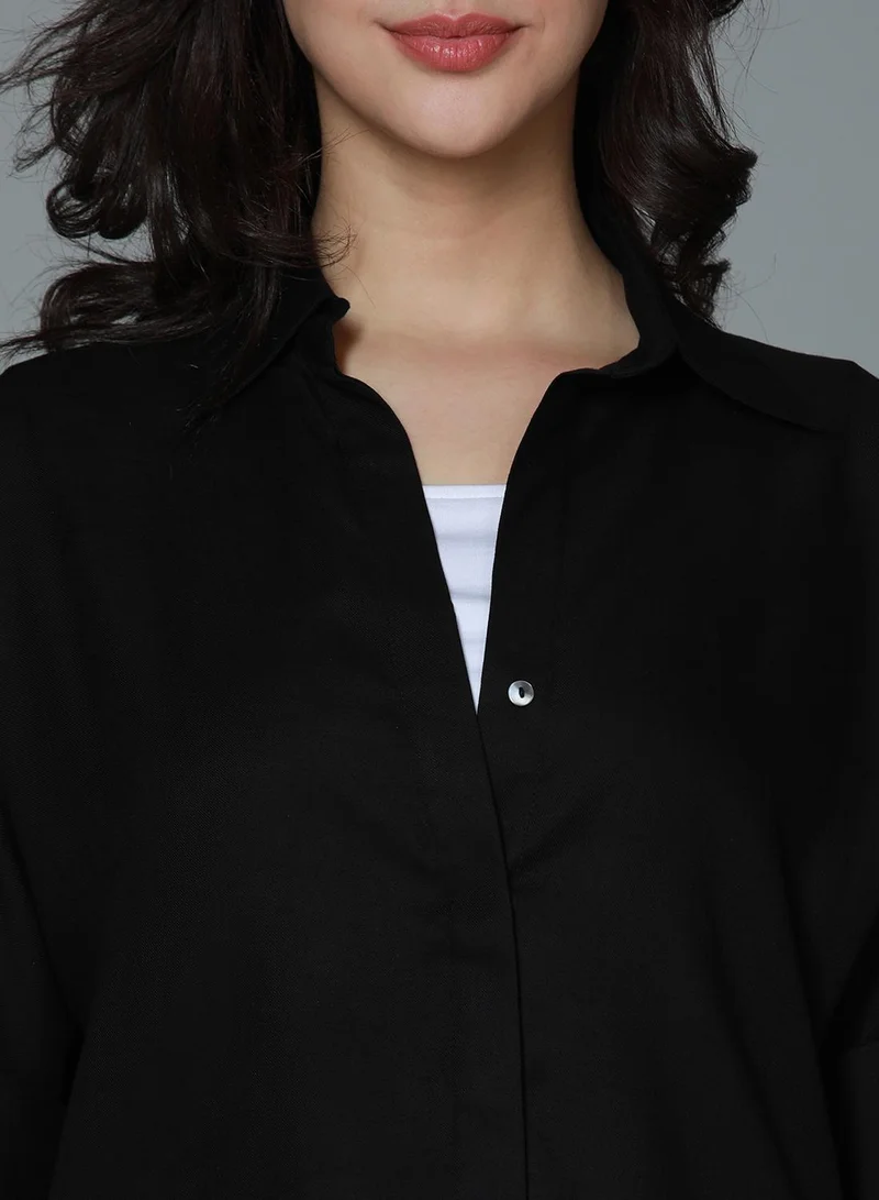 هاي ستار Women's Black Rayon Solid Pattern Button Down Relaxed Shirt