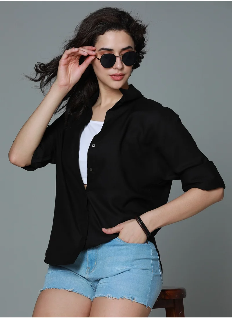 HIGH STAR Women's Black Boxy Fit Long Sleeve Casual Shirt with Spread Collar