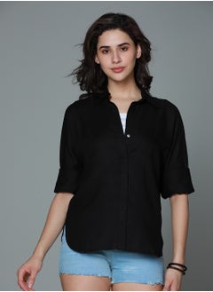 HIGH STAR Women's Black Boxy Fit Long Sleeve Casual Shirt with Spread Collar  - Image 2