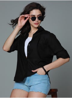 HIGH STAR Women's Black Boxy Fit Long Sleeve Casual Shirt with Spread Collar  - Image 3