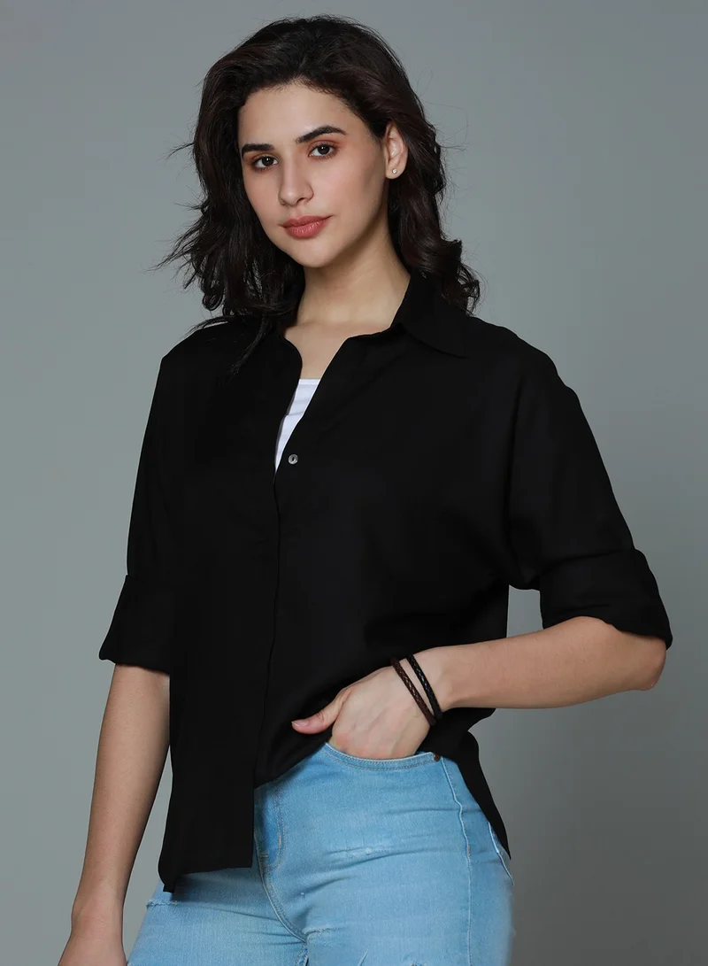 HIGH STAR Women's Black Boxy Fit Long Sleeve Casual Shirt with Spread Collar