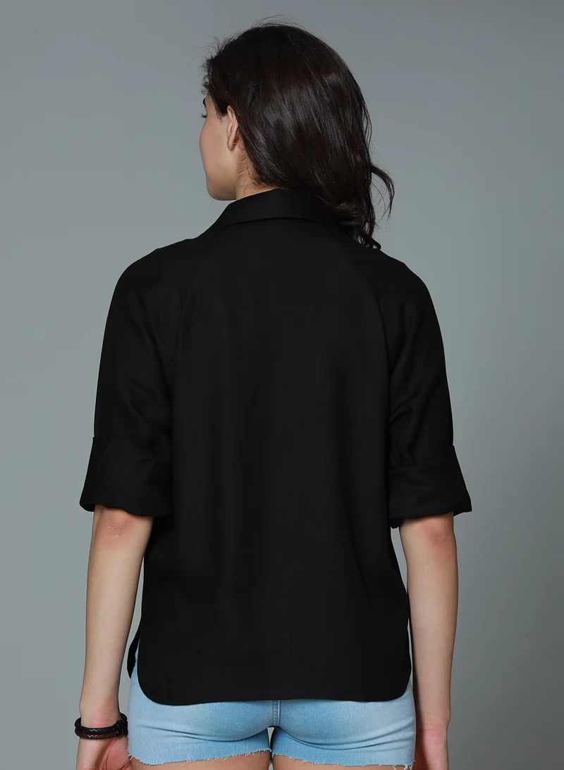 HIGH STAR Women's Black Boxy Fit Long Sleeve Casual Shirt with Spread Collar