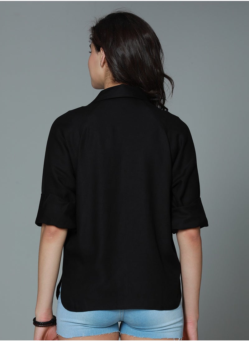 HIGH STAR Women's Black Boxy Fit Long Sleeve Casual Shirt with Spread Collar  - Image 5