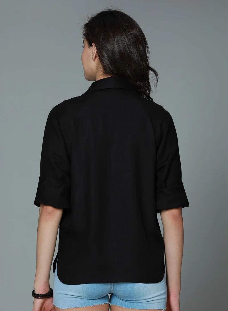 HIGH STAR Black Women's Black Rayon Solid Pattern Button Down Relaxed Shirt for Women | Best Price UAE