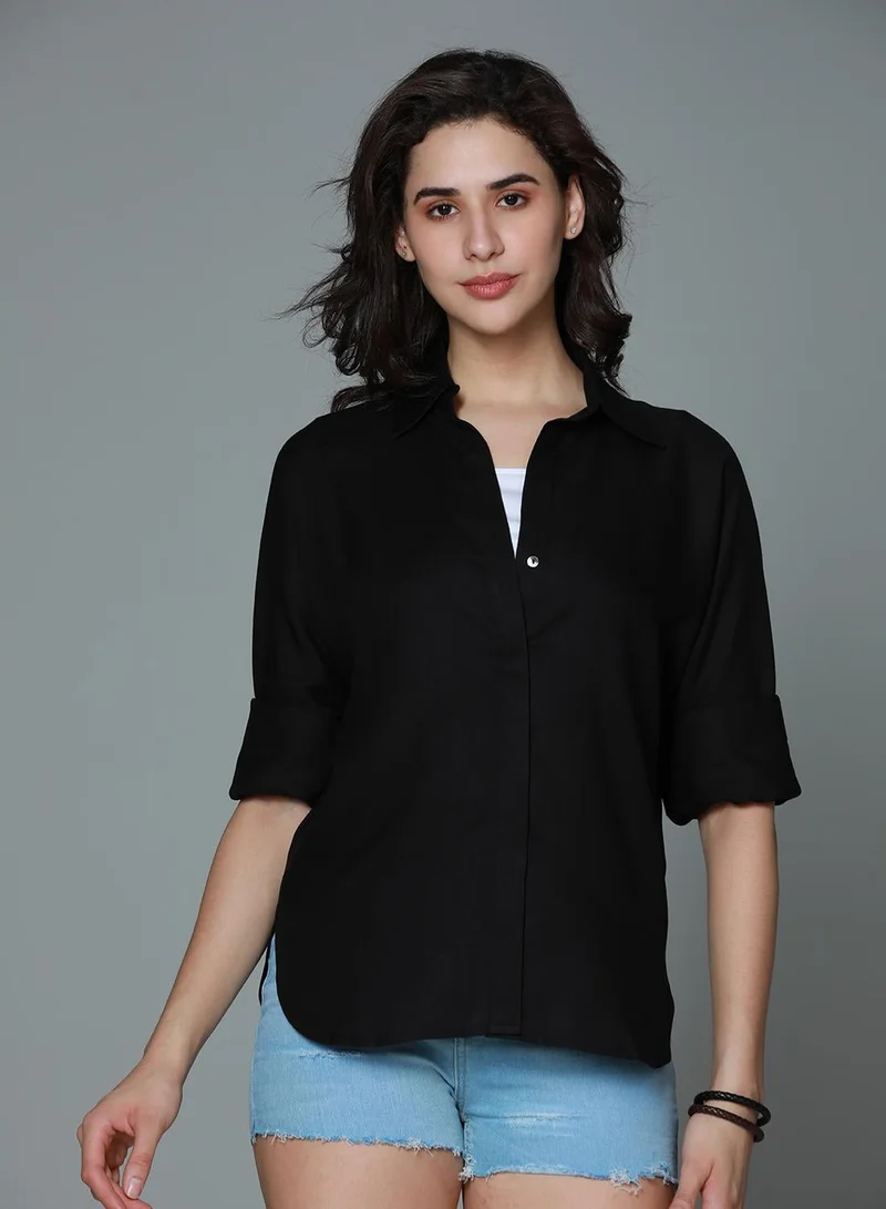 HIGH STAR Black Women's Black Rayon Solid Pattern Button Down Relaxed Shirt for Women | Best Price UAE