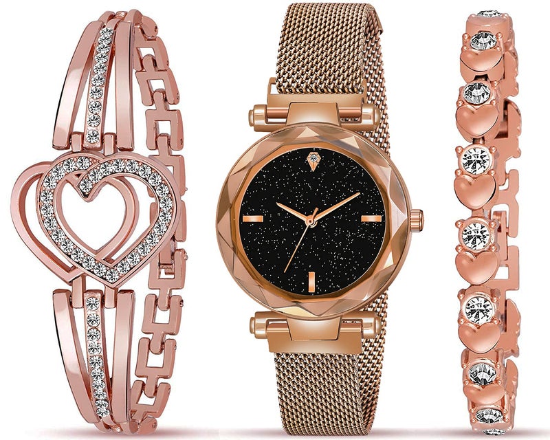 Acnos® Premium Brand - A Watch Analogue Plain Black Dial Rose Gold Magnet Watch with Gift Bracelet for Women Or Girls and for Girl Or Women (Combo of 3) - Image 1