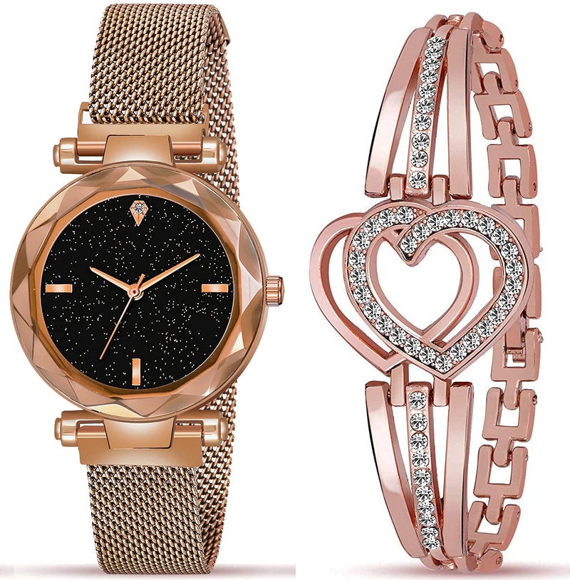 Acnos® Premium Brand - A Watch Analogue Plain Black Dial Rose Gold Magnet Watch with Gift Bracelet for Women Or Girls and for Girl Or Women (Combo of 3) - Image 2