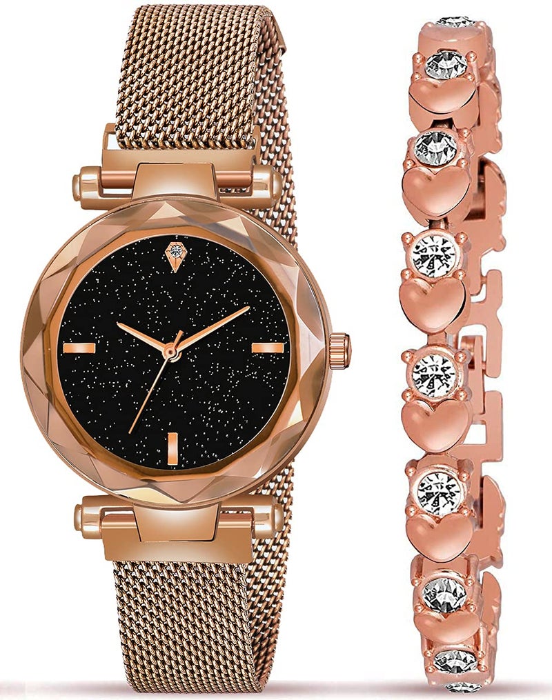 Acnos® Premium Brand - A Watch Analogue Plain Black Dial Rose Gold Magnet Watch with Gift Bracelet for Women Or Girls and for Girl Or Women (Combo of 3) - Image 3