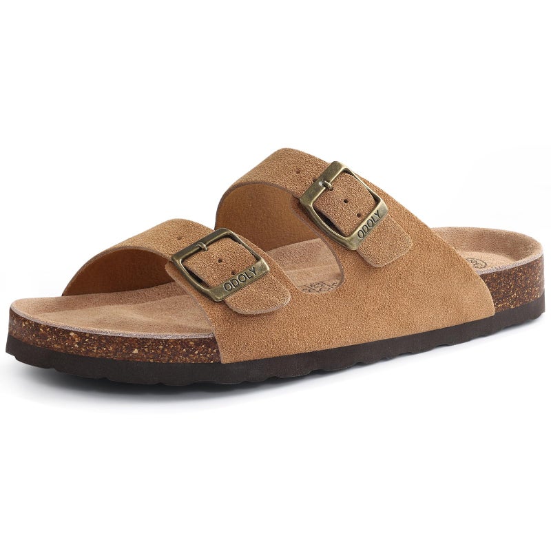 ODOLY Unisex Cork Footbed Slide Sandal, Arch Support Summer Outdoor Sandals with Adjustable Buckle for Women and Men, Yellow Brown Suede 39 (8-8.5 Women/6.5-7 Men) - Image 1