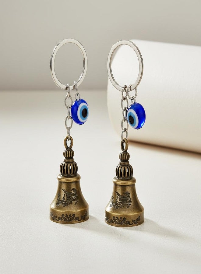 AEROSTARK Set of 2 Golden Guardian Bell For Bike Keychain with Evil Eye Charm | Lucky Protection Keyring for Car Keys, Bike, Scooter, Bag | Anti Evil Eye Good Luck Metal Bell Charm | - Image 3