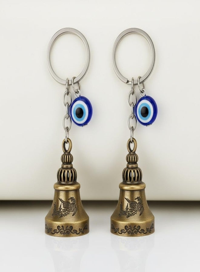 AEROSTARK Set of 2 Golden Guardian Bell For Bike Keychain with Evil Eye Charm | Lucky Protection Keyring for Car Keys, Bike, Scooter, Bag | Anti Evil Eye Good Luck Metal Bell Charm | - Image 1