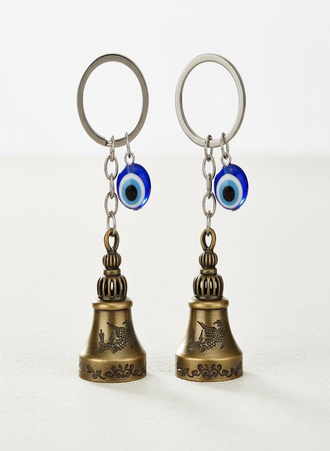 AEROSTARK Set of 2 Golden Guardian Bell For Bike Keychain with Evil Eye Charm | Lucky Protection Keyring for Car Keys, Bike, Scooter, Bag | Anti Evil Eye Good Luck Metal Bell Charm | - Image 2